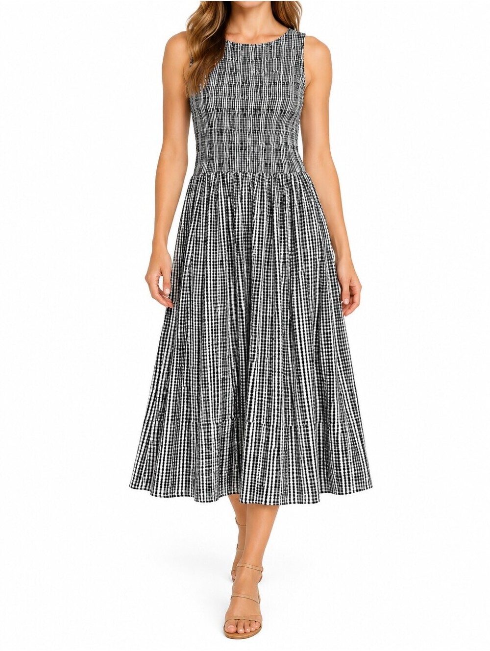 J.Crew Black White Gingham Smocked Midi Dress M Cotton NWT